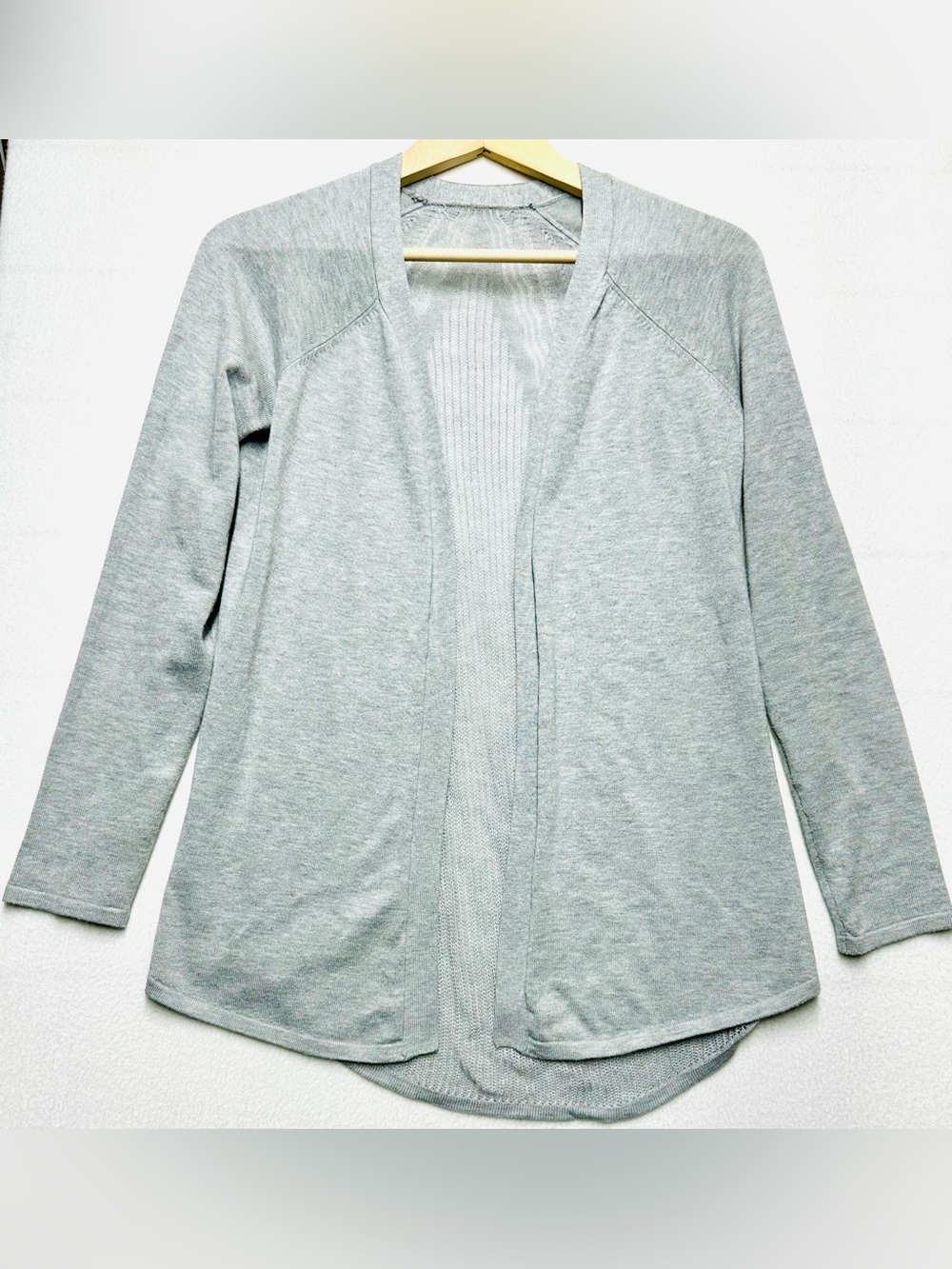 Women’s Gray Open Front Cardigan Pointelle Knit Back Long Sleeve Lightweight